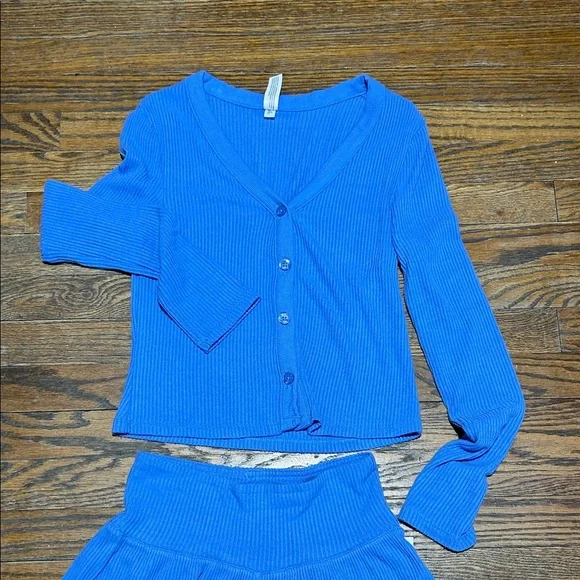 Blue Ribbed Button Cardigan & Shorts Set - Picture 3 of 7
